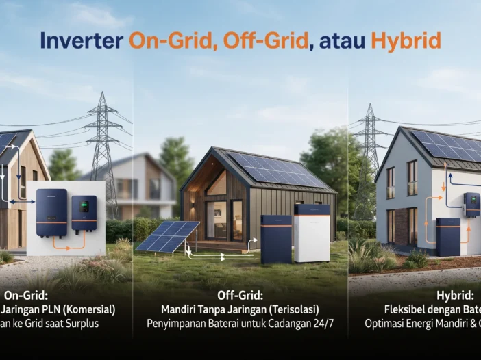 Ilustrasi perbedaan inverter on-grid, off-grid, dan hybrid pada sistem PLTS rumah dan bisnis