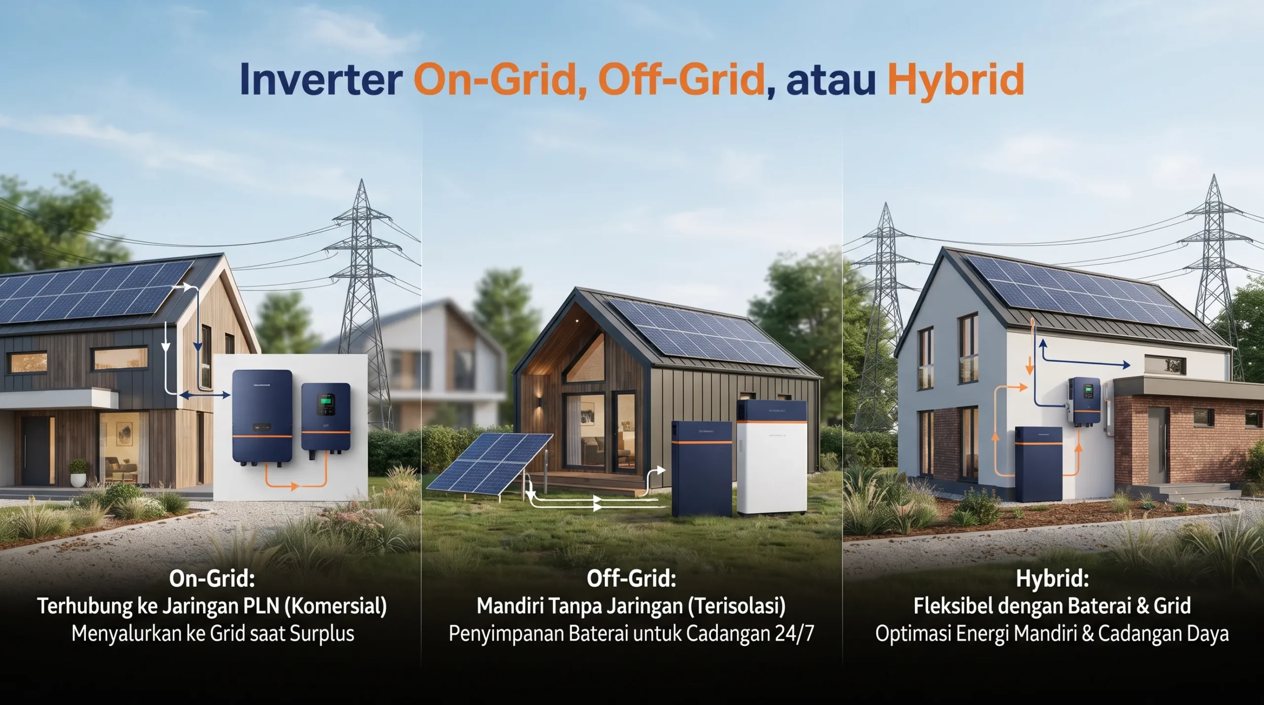Ilustrasi perbedaan inverter on-grid, off-grid, dan hybrid pada sistem PLTS rumah dan bisnis